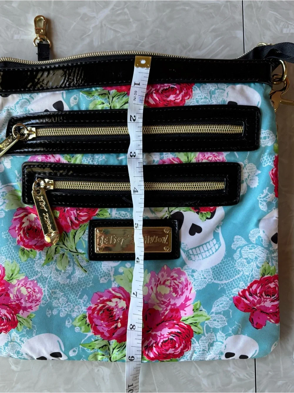 Besty Johnson Floral Skull Crossbody Bag in Turquoise and Pink